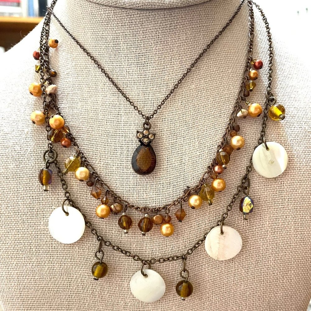 Beautiful Triple Strand Set  - Bronze, Crystal, and Pearls